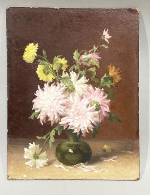 a painting of flowers in a green vase on a table