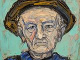 an oil painting of a man wearing a hat and blue shirt