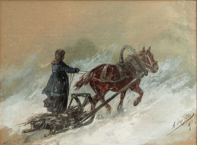 un tableau représentant une femme tirant un traîneau tiré par un cheval