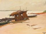 un tableau représentant une cabane au bord d'un lac