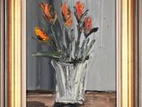 a painting of orange flowers in a vase on a table