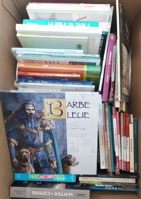 a cardboard box filled with books and a bunch of other books
