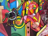 peinture abstraite représentant une femme avec une guitare et un homme avec un chien