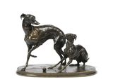 bronze statue of a dog and a cat on a marble base