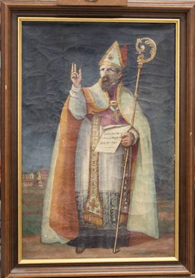 un vieux tableau représentant un homme vêtu d'une aube, tenant un bâton