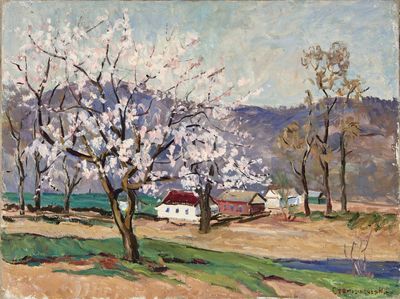 une image d'un tableau représentant un paysage avec des arbres et une maison