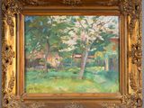 une peinture à l'huile représentant une maison dans un cadre boisé, avec des arbres et de l'herbe