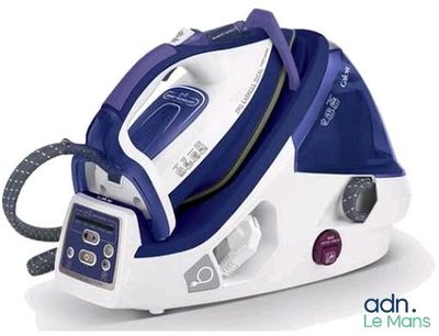 an image of a blue and white steam iron on a white surface