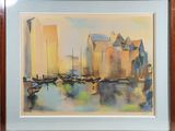 a painting of boats in a harbor with buildings in the background