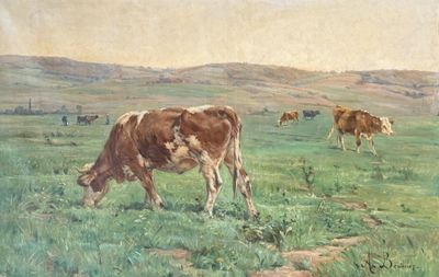 painting of cows grazing in a field with hills in the background