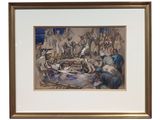 painting of a group of people gathered around a table in a room
