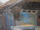 a painting of an old wooden bench in front of a barn