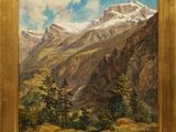 an oil painting of a mountain scene with trees and mountains in the background