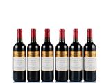 six bottles of red wine lined up in a row
