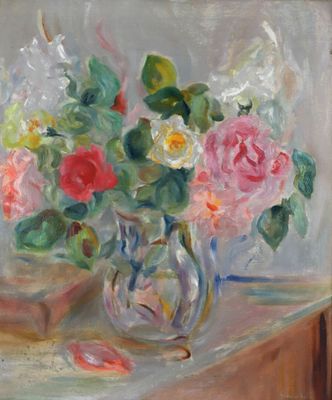 une peinture de fleurs dans un vase sur une table