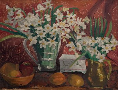 peinture d'une nature morte de fleurs et de fruits sur une table