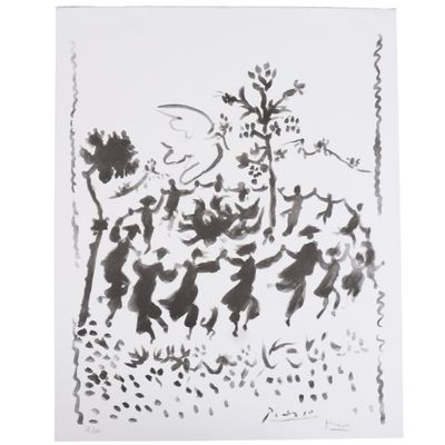 dessin à l'encre en noir et blanc représentant un groupe de personnes dans une forêt