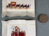 deux feuilles de papier sur lesquelles figurent l'image d'une calèche et une pièce de monnaie