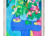 une image représentant un tableau avec des fleurs et des fruits posés sur une table