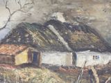 a painting of a house with a thatched roof in a field