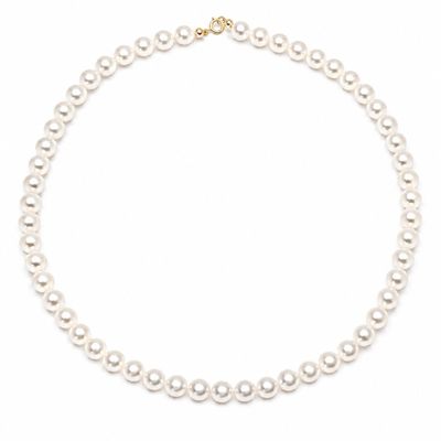 a white pearl necklace with a gold clasp on a white background