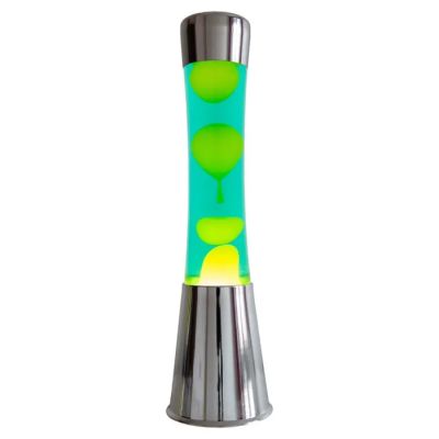 La lampe à lave est verte et argentée, avec des points jaunes dessus.