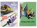 deux affiches représentant un train et un homme sur un skateboard