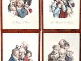 four framed prints of a group of people with hats and tails