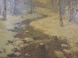 a painting of a stream running through a snowy forest
