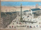 painting of a view of a square with a clock tower in the middle of it