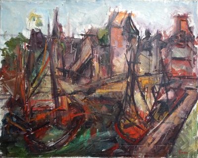 une peinture à l'huile représentant une scène de port avec des bateaux amarrés dans l'eau