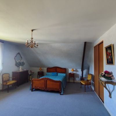 a bedroom with a bed and a chandelier in it