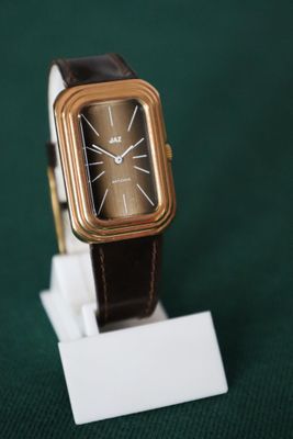an image of a watch on a stand on a green surface