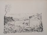 drawing of a view of a landscape with a tree in the foreground and mountains in the distance