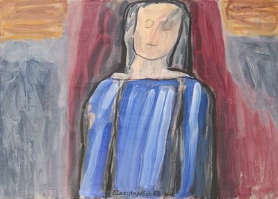 an oil painting of a woman in a blue dress standing in front of a red curtain