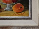 a painting of a bowl of peaches and cherries on a table