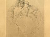 drawing of a woman and child sitting on a couch in front of a window