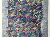 une peinture abstraite composée de touches de bleu, de rouge et de vert sur un fond gris