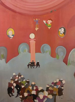 painting of a large group of people sitting around a table in a room