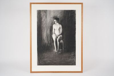 an image of a black and white drawing of a man sitting on a chair