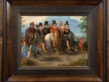 painting of a group of people riding horses in a wooded area