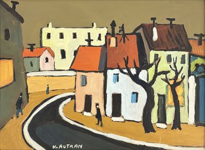an image of a painting of a street with houses and trees