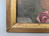 a painting of a rose in a vase on a table
