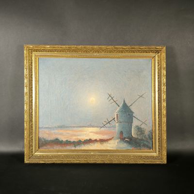 an oil painting of a windmill on a hill with a moon in the background