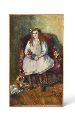 une image représentant un tableau où l'on voit une jeune fille assise sur une chaise avec un chat