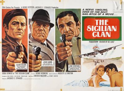 an old movie poster of three men with guns and a plane in the background
