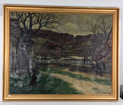 une image d'un tableau représentant un paysage avec des arbres au premier plan