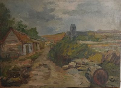 une peinture à l'huile représentant une route de campagne avec une église au loin