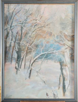 une peinture à l'huile représentant un paysage enneigé avec des arbres au premier plan