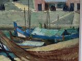 a painting of boats in a harbor with buildings in the background